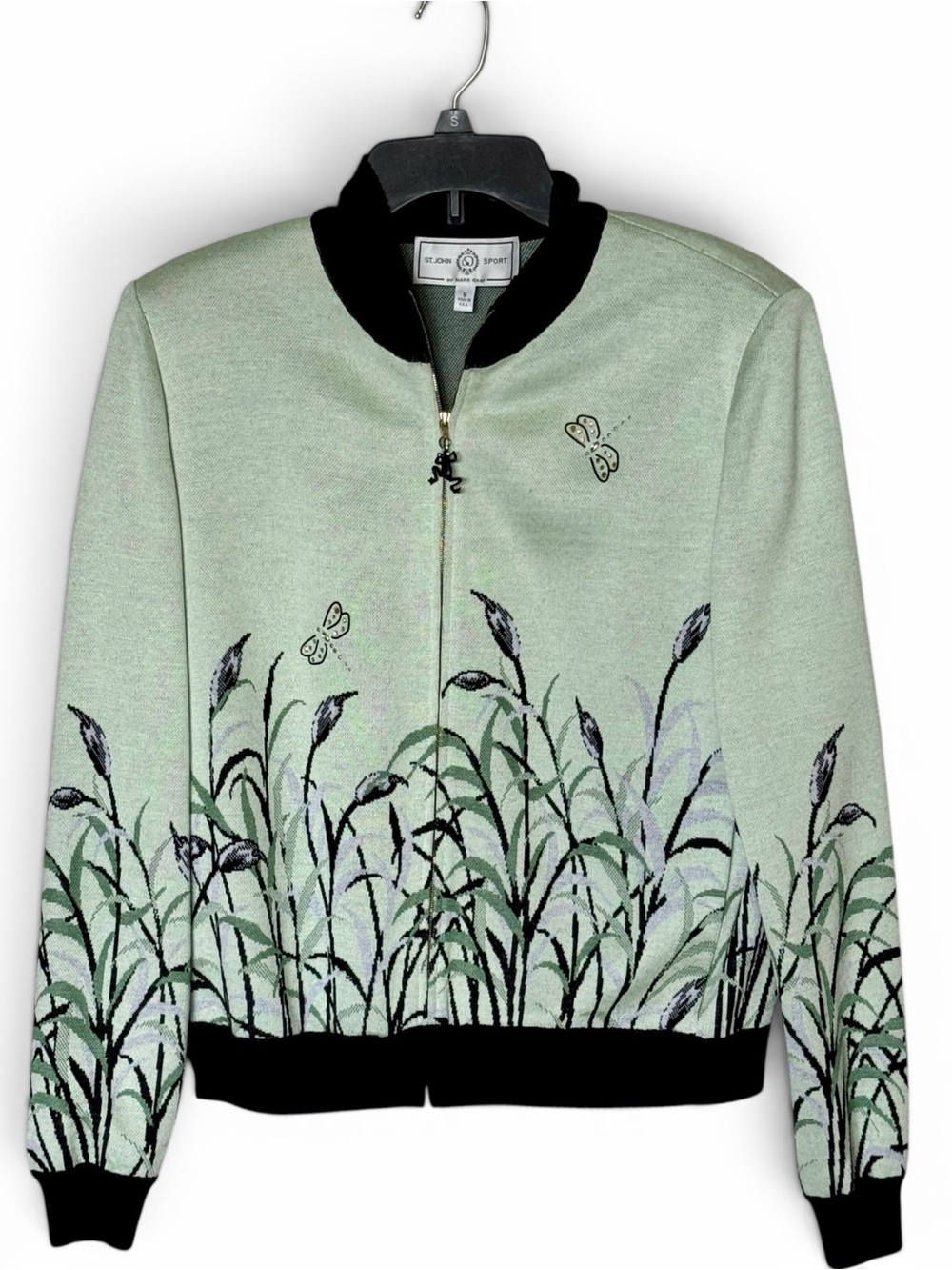 VTG ST John Green Novelty Knit Zip Sweater